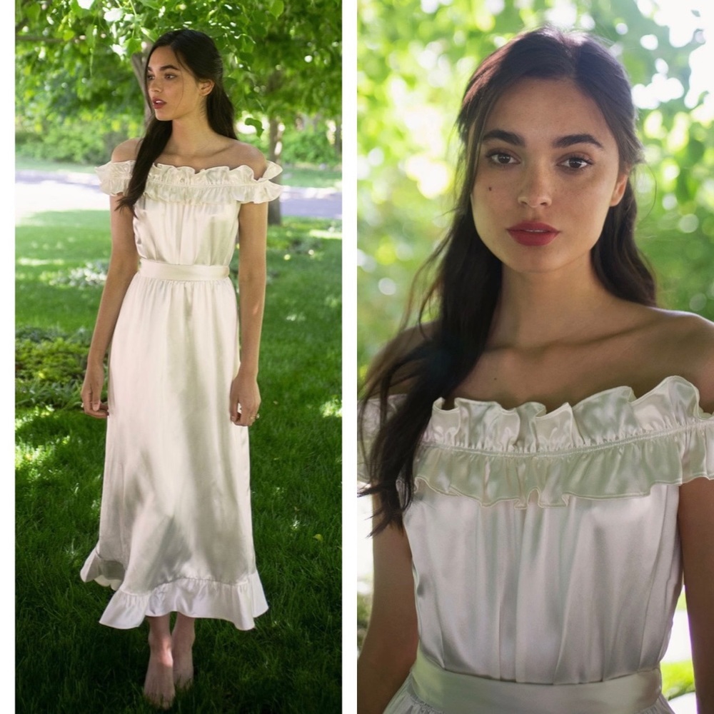 NWT Reformation Ivory Silk Limoncello Off the Shoulder Ruffle Midi Dress Size M
